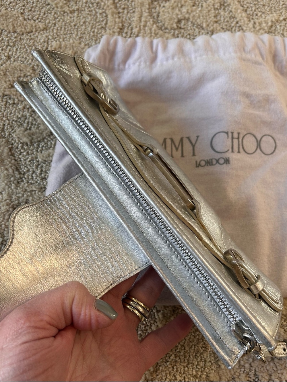 Jimmy Choo Metallic Silver Leather Wristlet Clutch with Buckle Detail - Picture 5 of 8